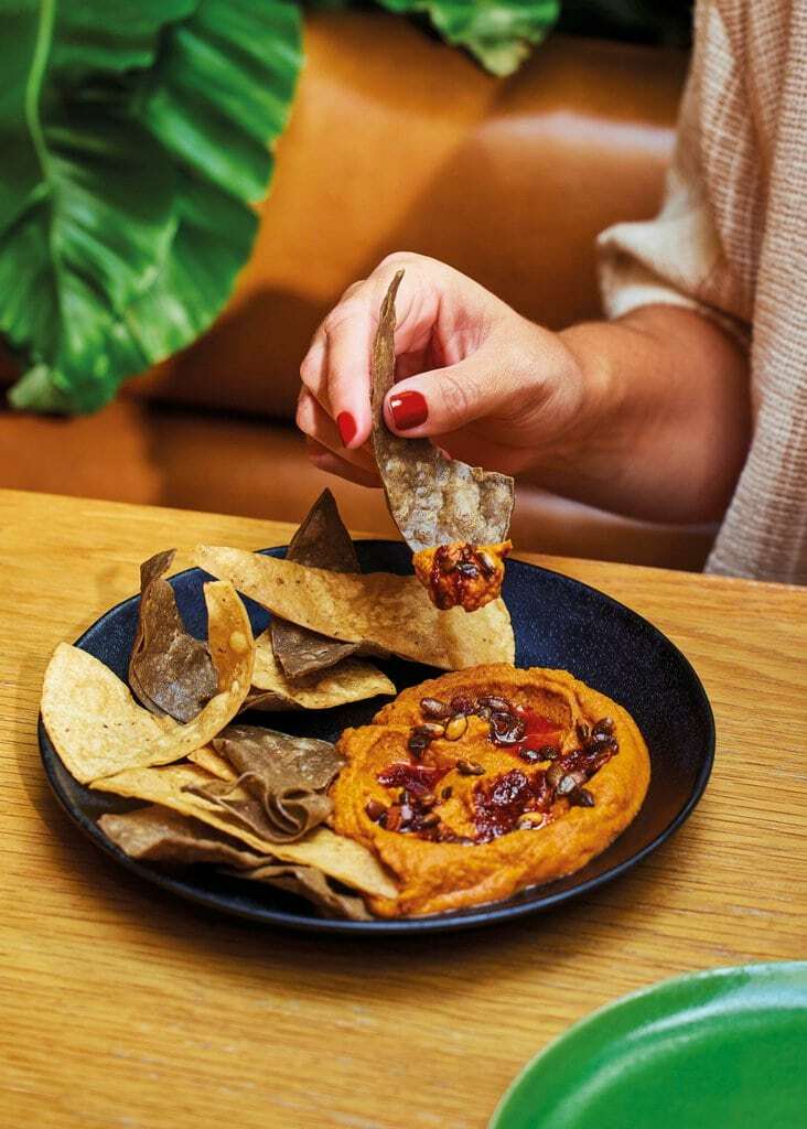 Smoky sonoran hummus dip on a plate with homemade tortilla chips